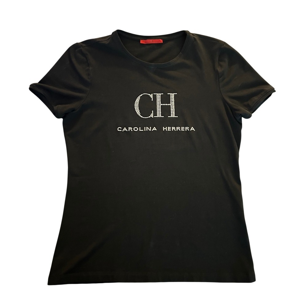 Carolina Herrera Black Crystal Embellished CH Logo T-Shirt  Small (1218)